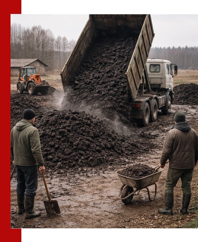 Доставка низинного торфа с разгрузкой и доставкой в Кингисеппе